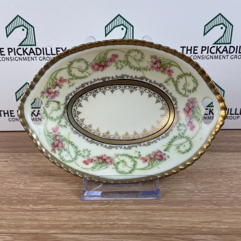 Vintage Bavaria Porcelain Oval Trinket Dish Floral Gold Gilt Handles 104 German